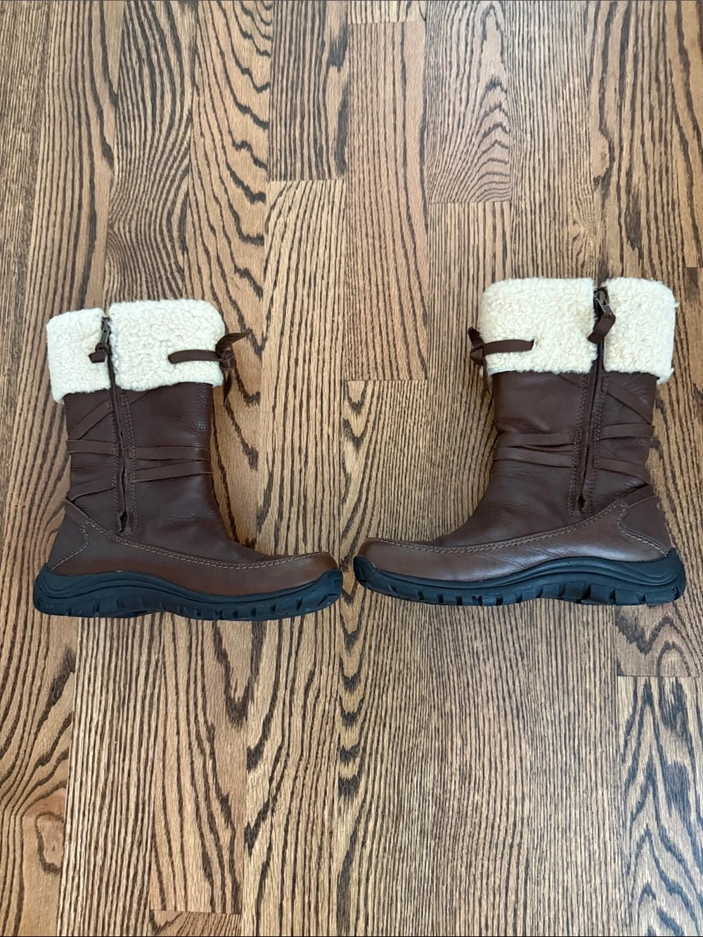 UGG Brown Leather Shearling Cuff Mid-Calf Boots with Rubber Soles